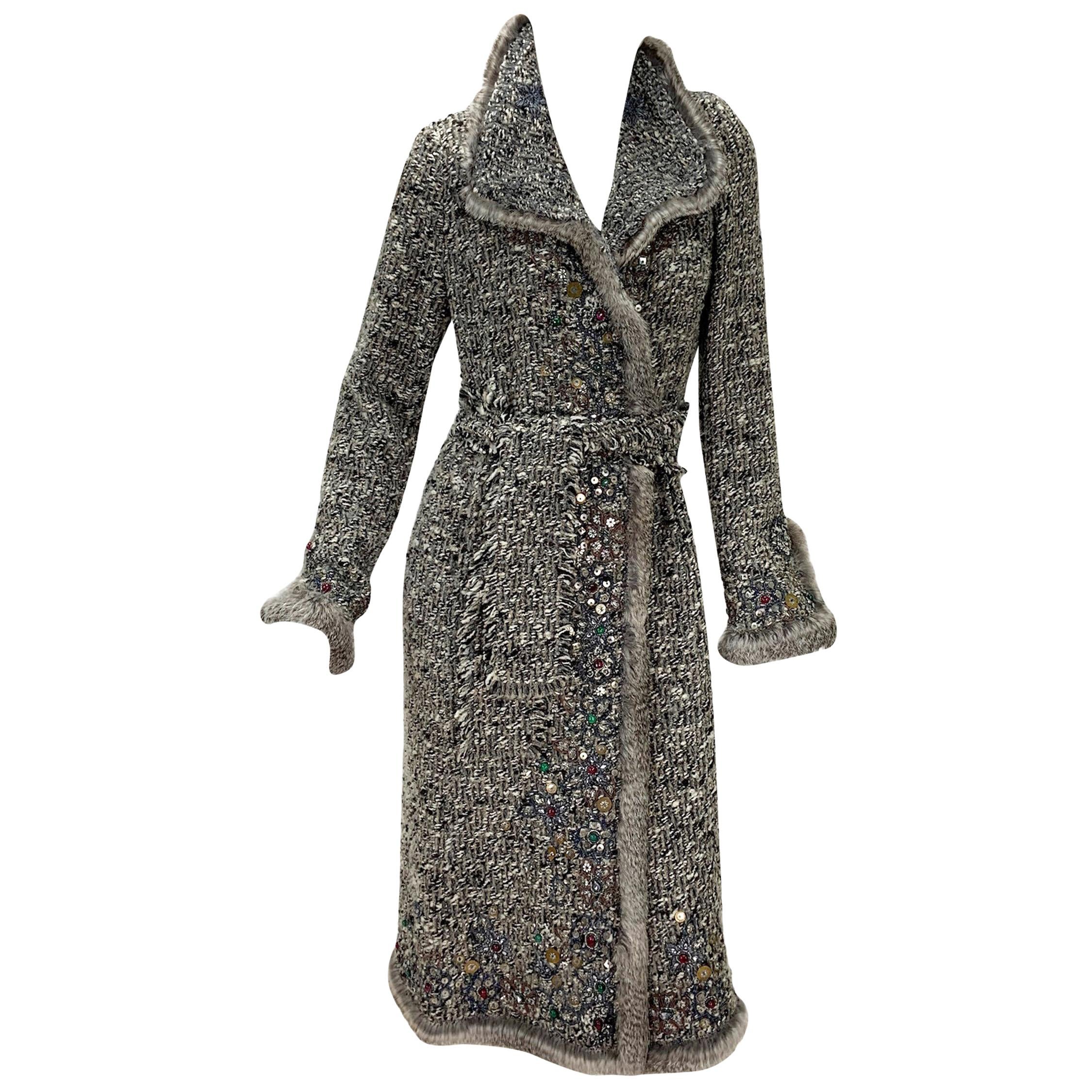 Oscar De La Renta Runway FW 2004 Beaded Embroidered Fur Trim Coat Cardigan XL For Sale